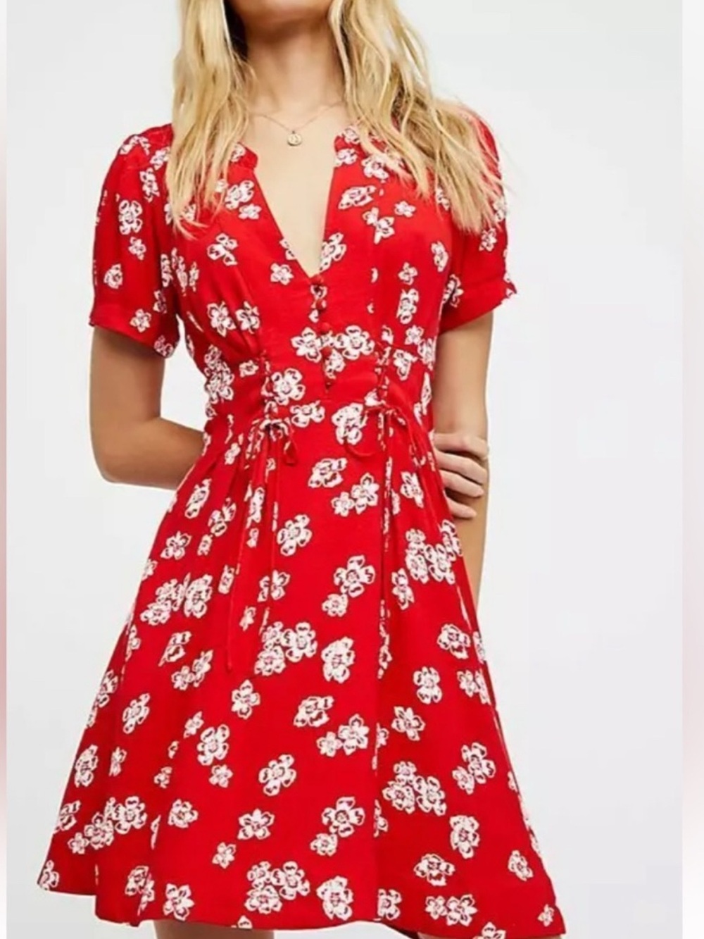 Free People Red Floral V-Neck Tie-Waist Mini Dress